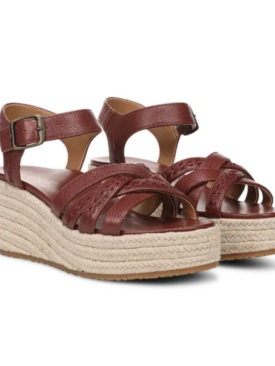 Vionic Braided Leather Espadrille Wedge Sandals - Burgundy